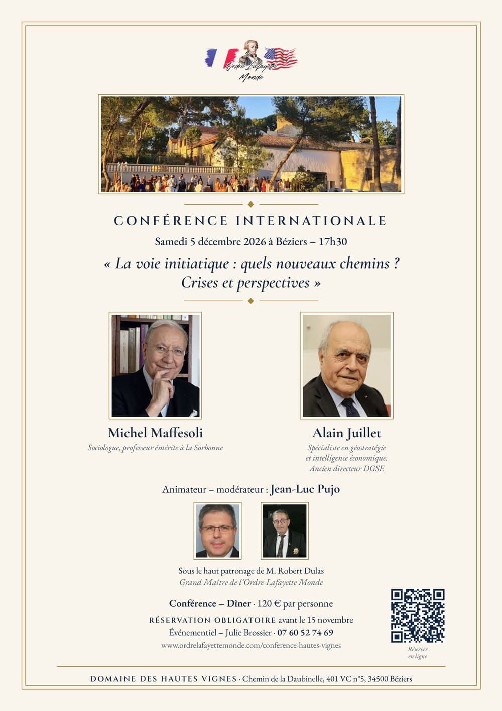 Flyer de la conférence-dîner « La voie initiatique : quels nouveaux chemins ? », Samedi 5 décembre 2026 au Domaine des Hautes Vignes